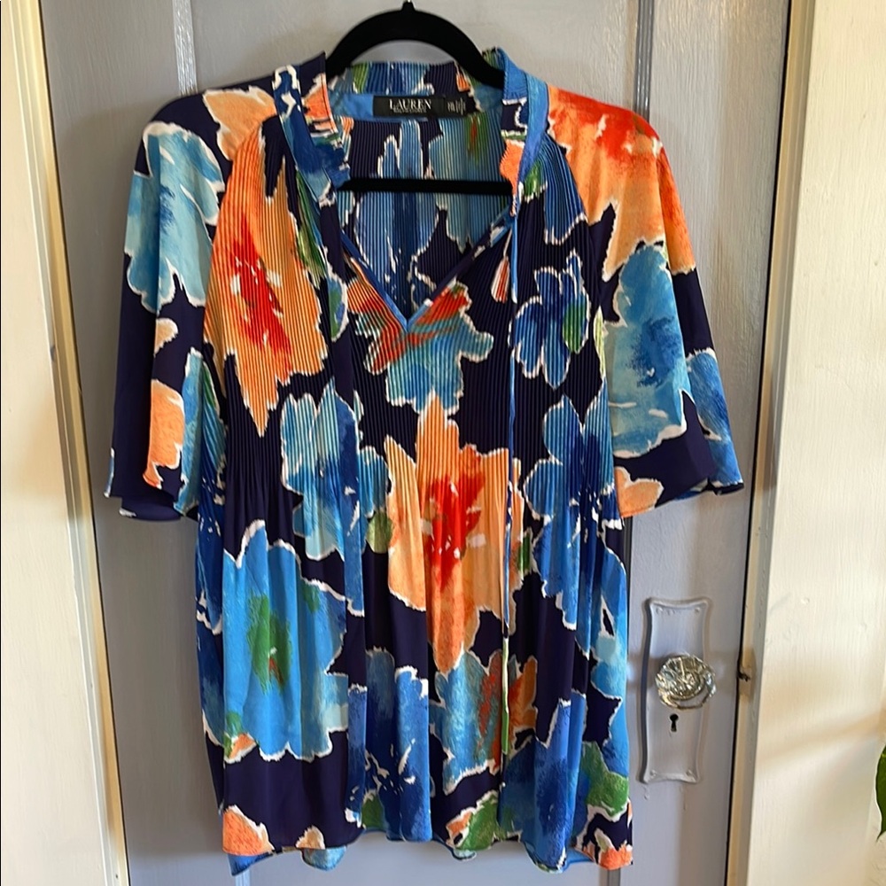 Ralph Lauren Blue and Orange Graphic Short Sleeve Blouse
